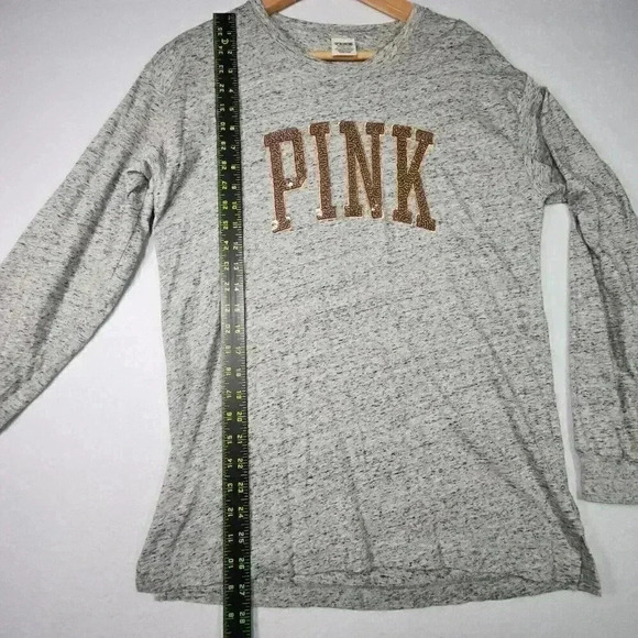 PINK Victoria's Secret Women's Bling T-shirt Small Rose Gold Sequin Logo LS Gray - Picture 10 of 14